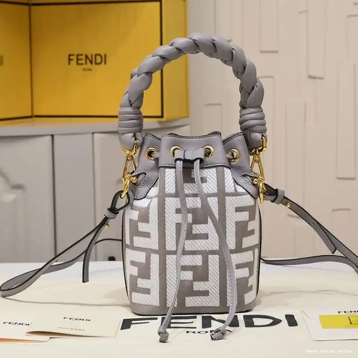 Cheap Handle Tresor Fendi Motif Mon Grey In Bucket Canvas FF Woven Bag Mini with 0523